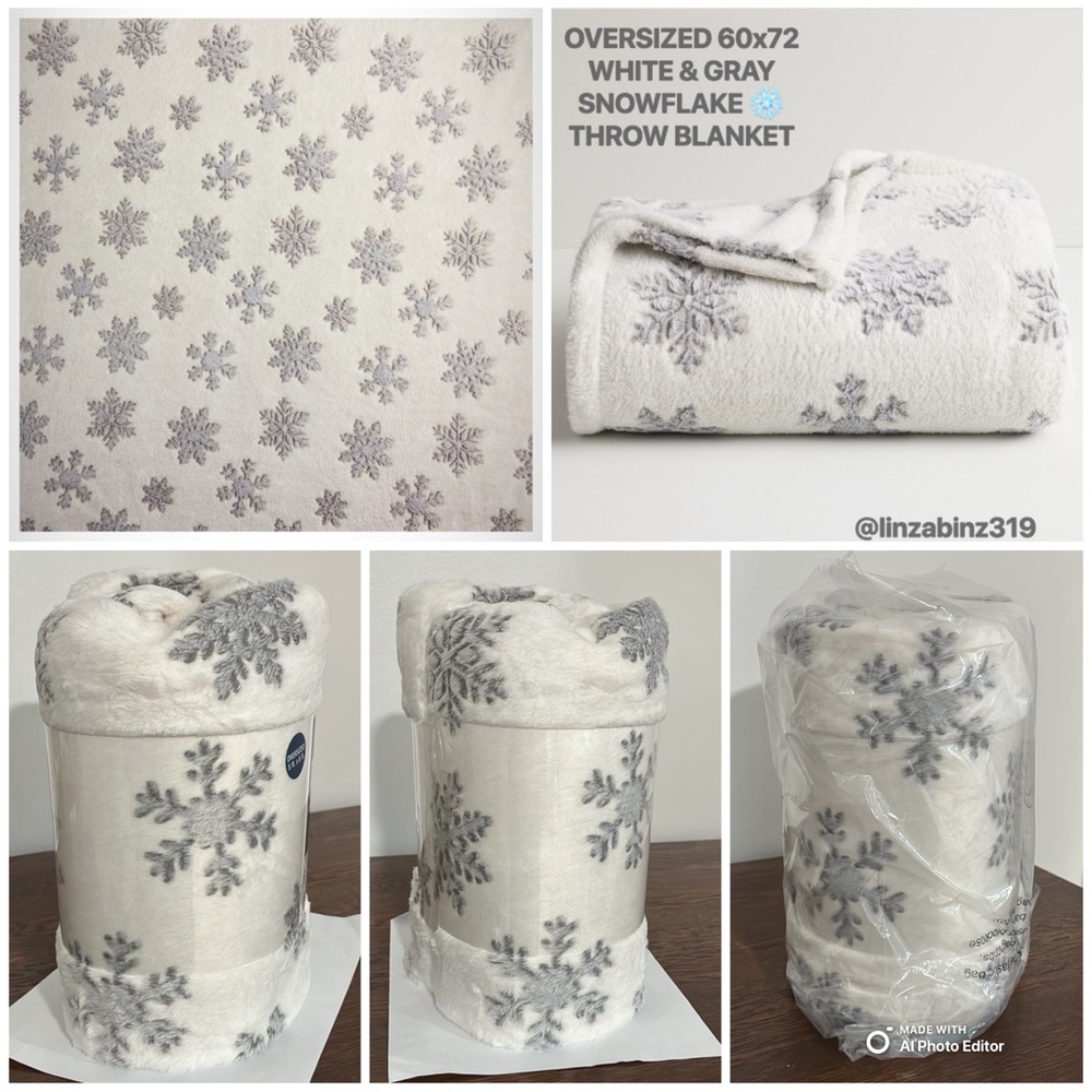 NWT- Oversized Plush- Snowflake Patterned White and Gray Holiday Blanket- 60x72